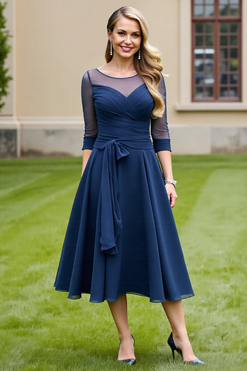 Navy Ruched A Line Midi Mother Of The Bride Dress